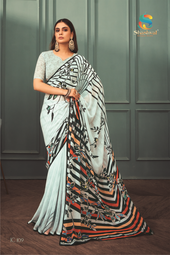 White color digital print saree