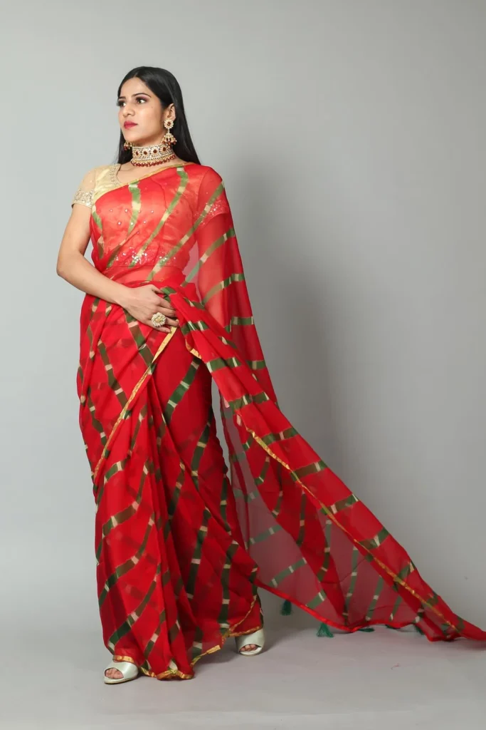 Red and green lahariya saree in ciffon