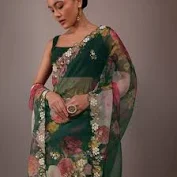 deep green floral print sasree